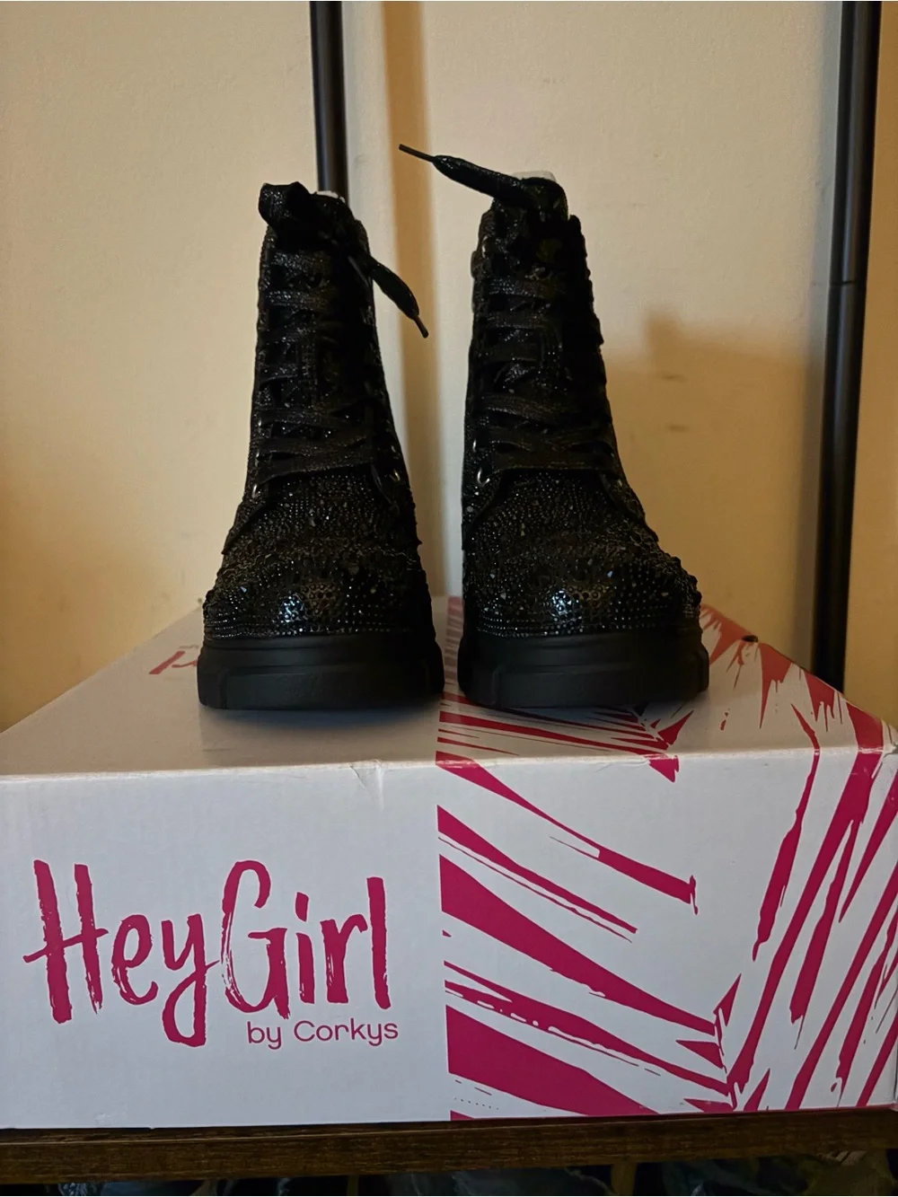 Corkys Black Rhinestone Lug Combat Boot